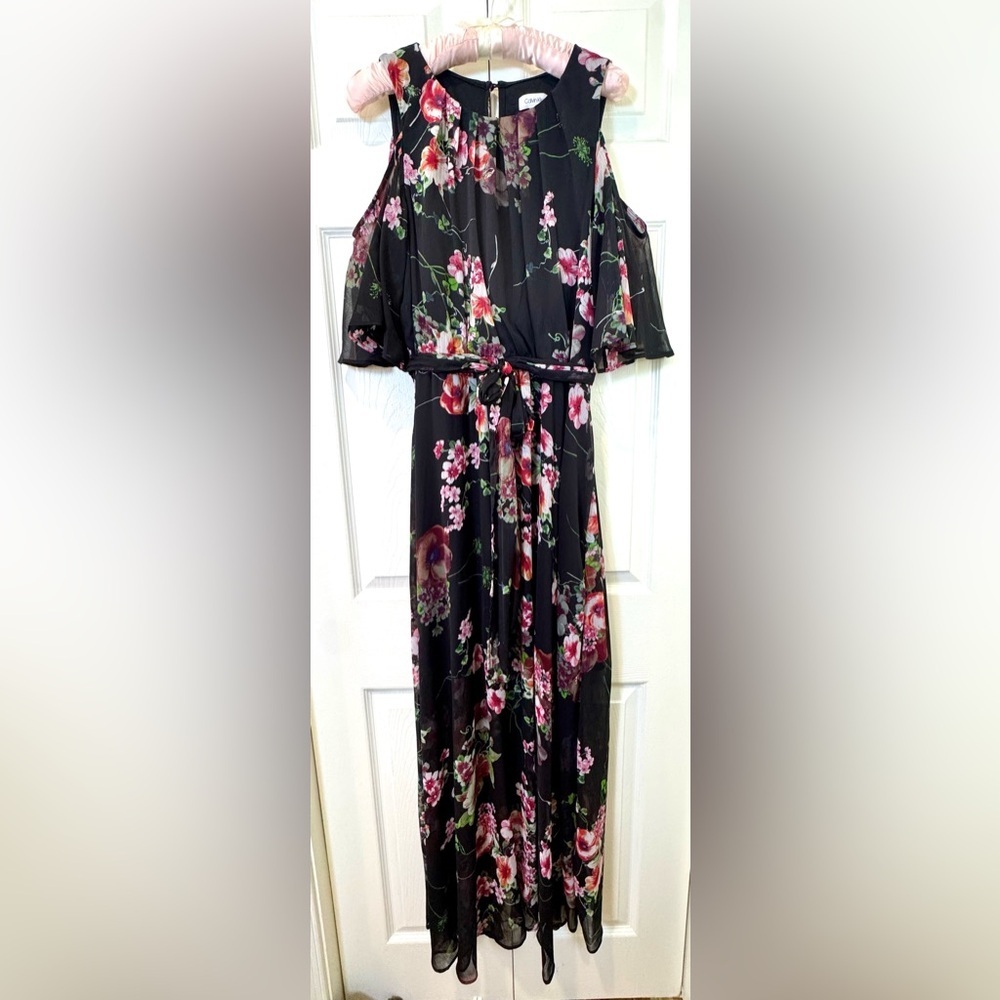Calvin Klein Cold Shoulder Floral Chiffon Maxi Dress Women’s Size 14 EUC